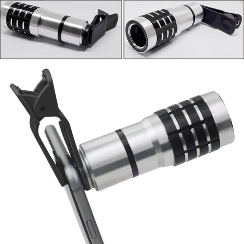 12x telescopic smartphone lens with a universal metal clip attached, shown next to a mobile phone.