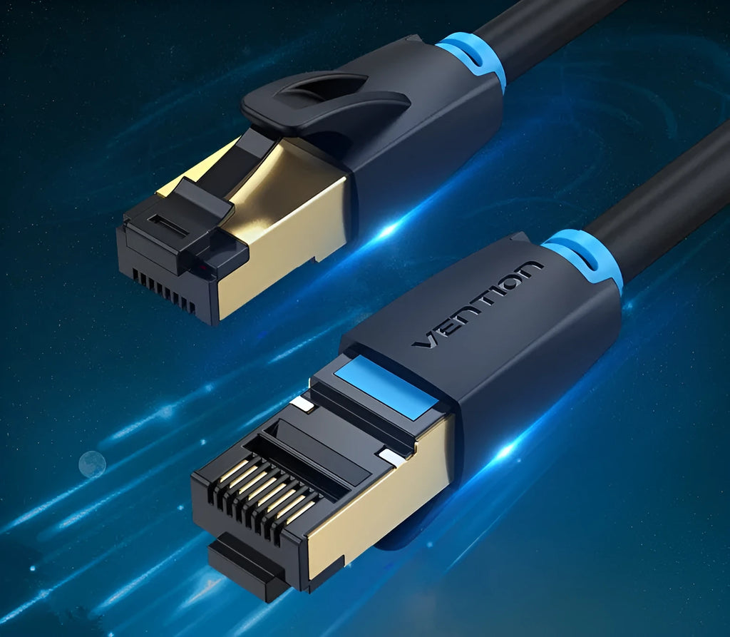 CAT8 shielded Ethernet cable with RJ45 connectors, shown in flat and round styles, for 10G gaming and network use.