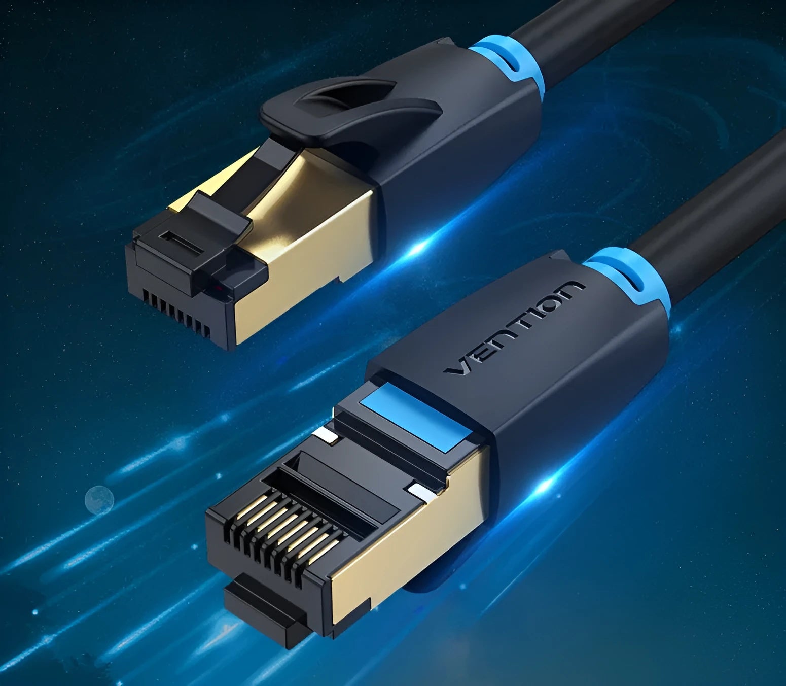 CAT8 shielded Ethernet cable with RJ45 connectors, shown in flat and round styles, for 10G gaming and network use.
