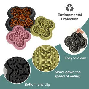 Silicone pet licking mat with textured surface and non-slip base in assorted colours.