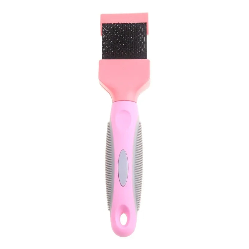 Blue double-sided pet brush with stainless steel pins on one side and a mix of soft and firm pins on the other.