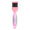 Blue double-sided pet brush with stainless steel pins on one side and a mix of soft and firm pins on the other.