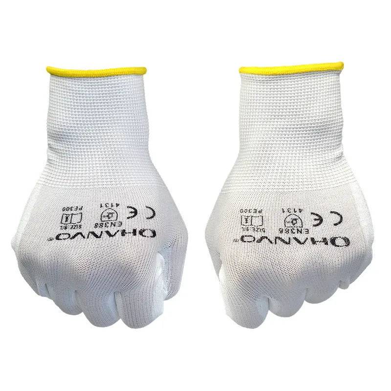 White PU coated industrial work gloves showing flexible construction and 24 cm length