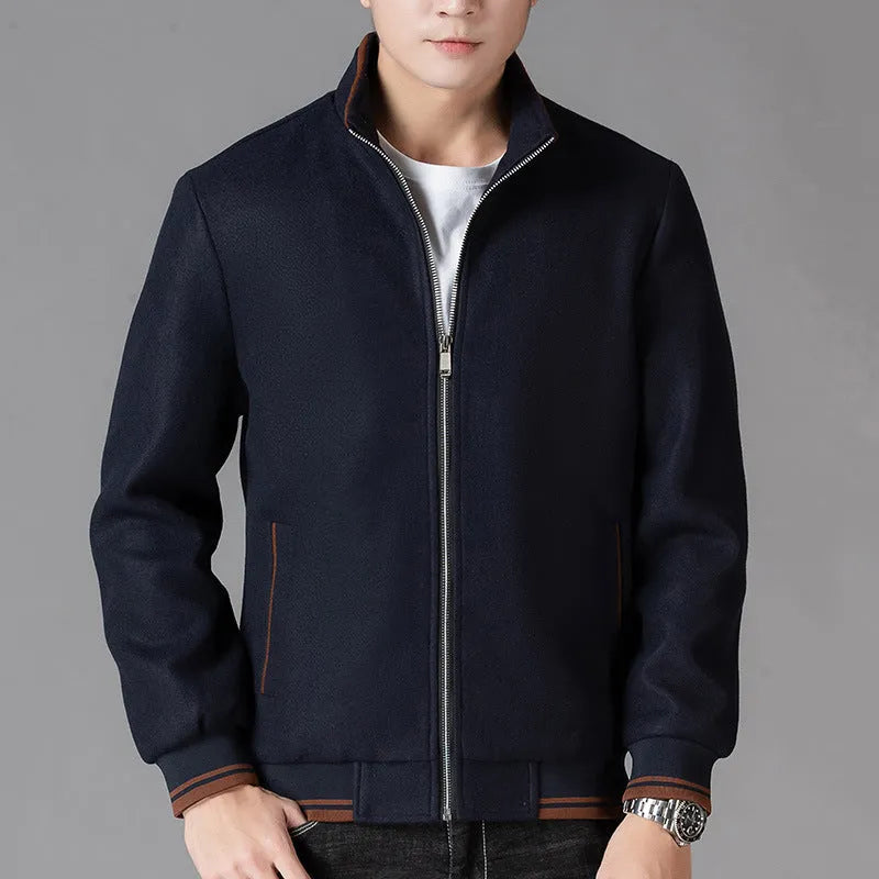 Men's gray polyester fleece autumn jacket with long sleeves and stick pocket
