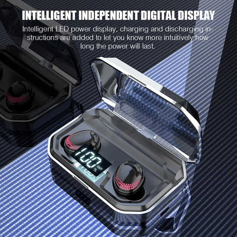 Black X10 Bluetooth wireless earbuds with charging case on a dark surface.
