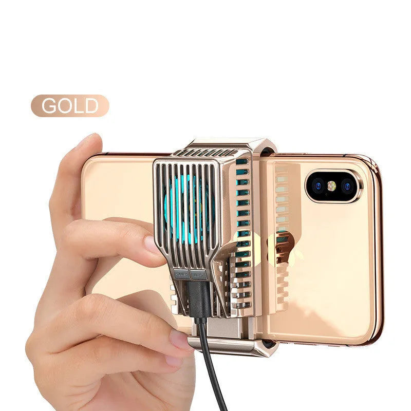 Black mobile phone radiator with aluminium alloy heat sink clipped onto smartphone