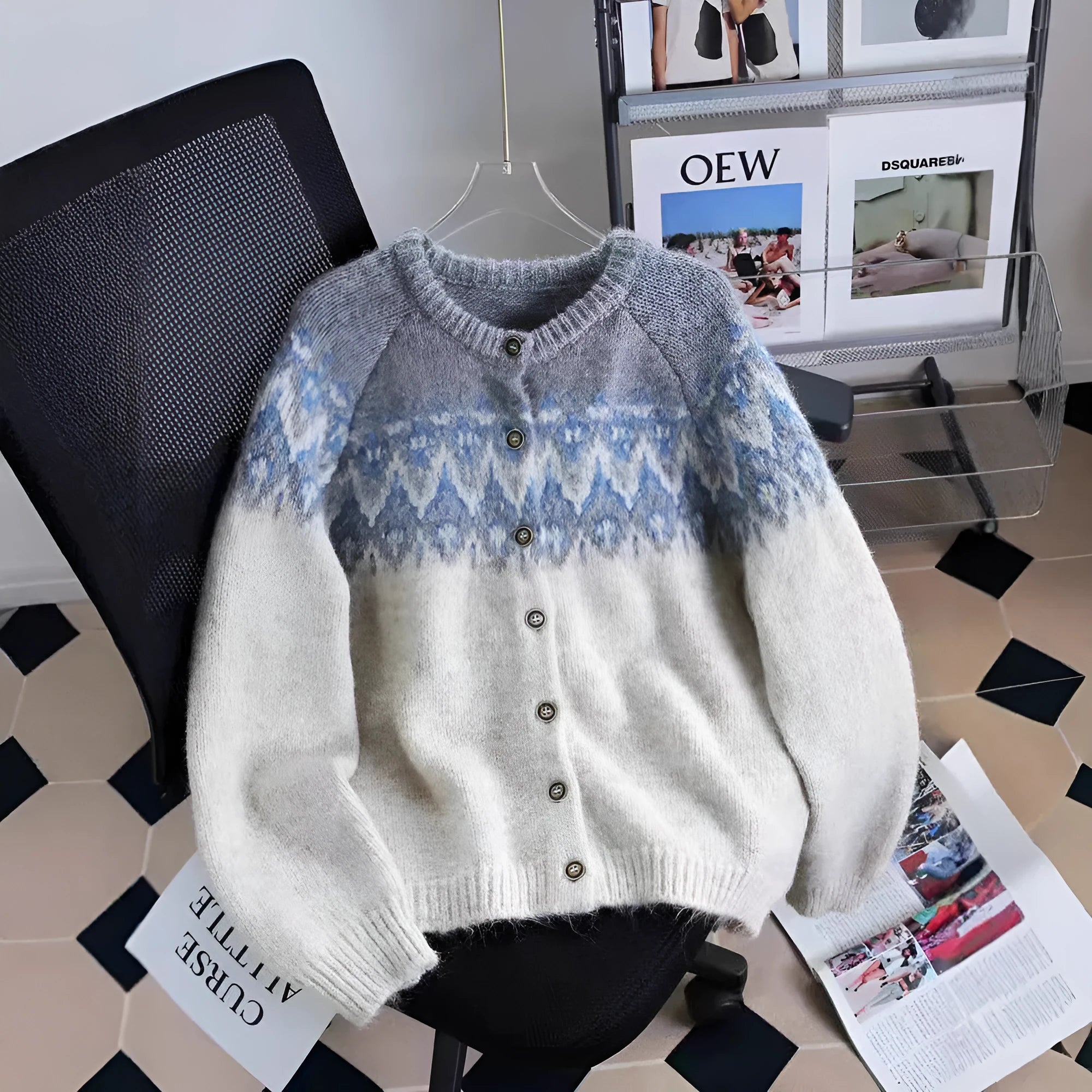 Women's loose-fit jacquard sweater coat in milky white, shown with long sleeves and a textured pattern.
