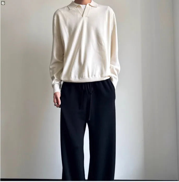 Men's pure wool polo sweater with lapel collar in loose fit, available in navy blue and milky white