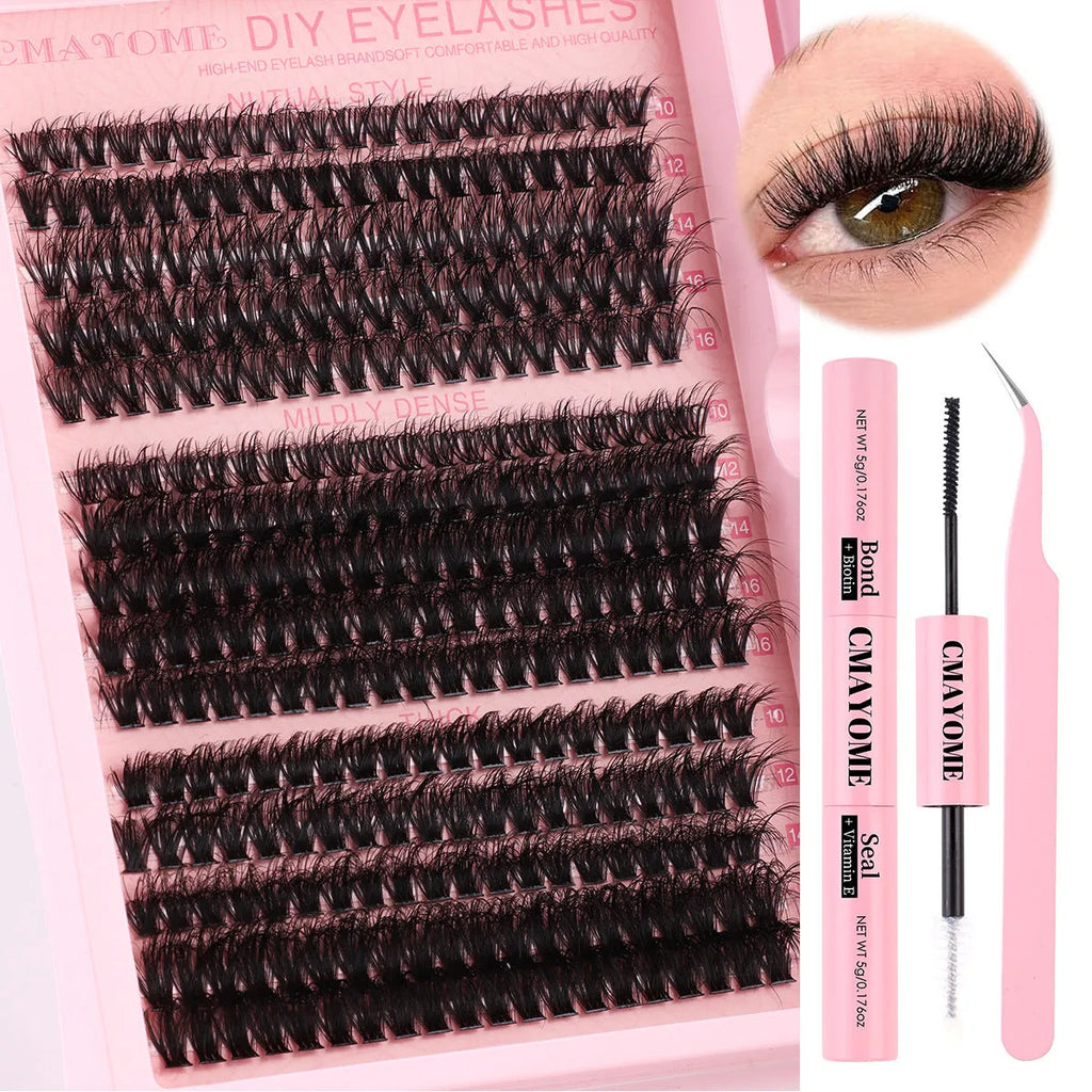 DIY false eyelash extension set showing individual clusters and application tweezers for custom lash looks