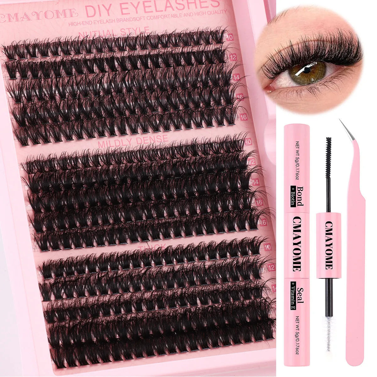 DIY false eyelash extension set showing individual clusters and application tweezers for custom lash looks