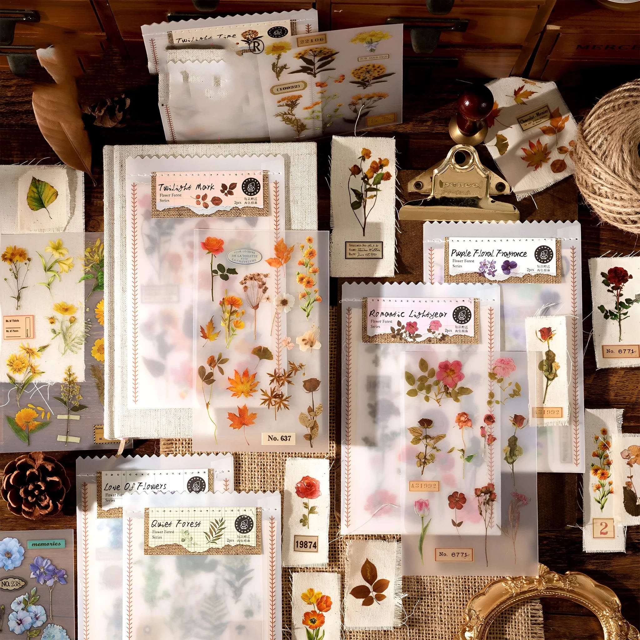Huazhisen Series sticker material pack showing transfer paper and cotton linen sheets with forest and floral designs