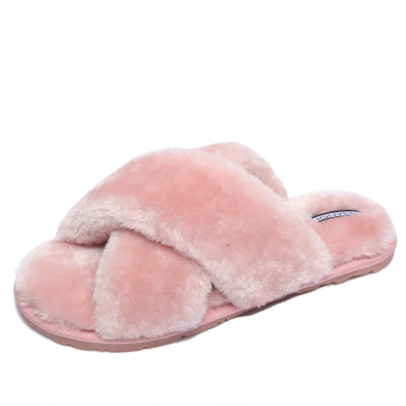 Cross open-toe fur slippers with patterned non-slip sole in multiple colour options