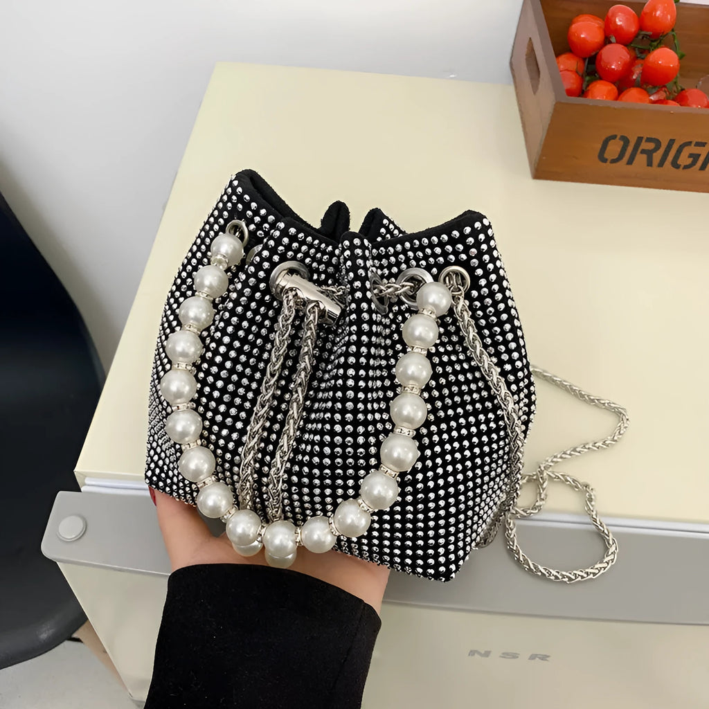 Light diamond western style shoulder bag crossbody with chain strap in soft PU leather bucket design
