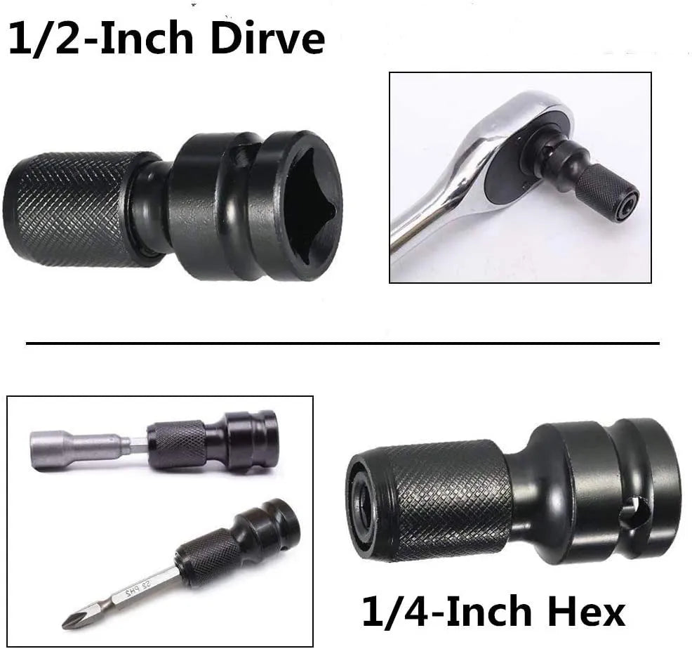 Telescopic bit holder with hexagonal handle for electric wrenches showing extended sleeve and bit retention mechanism