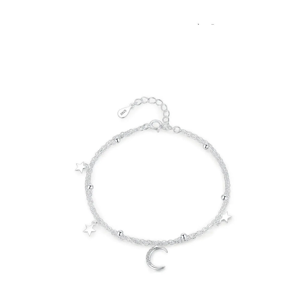 S925 sterling silver star moon double layer twin bracelet on white background