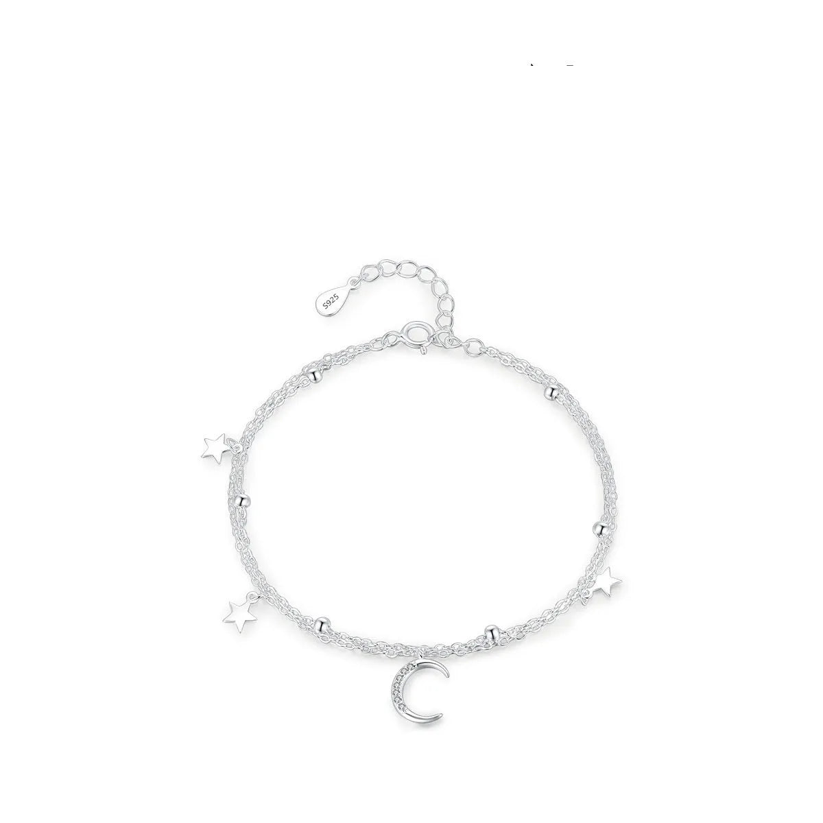 S925 sterling silver star moon double layer twin bracelet on white background