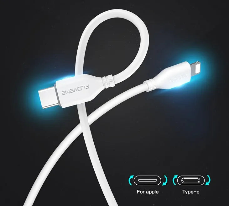 White braided USB-C to Lightning cable measuring 1 metre with connectors shown