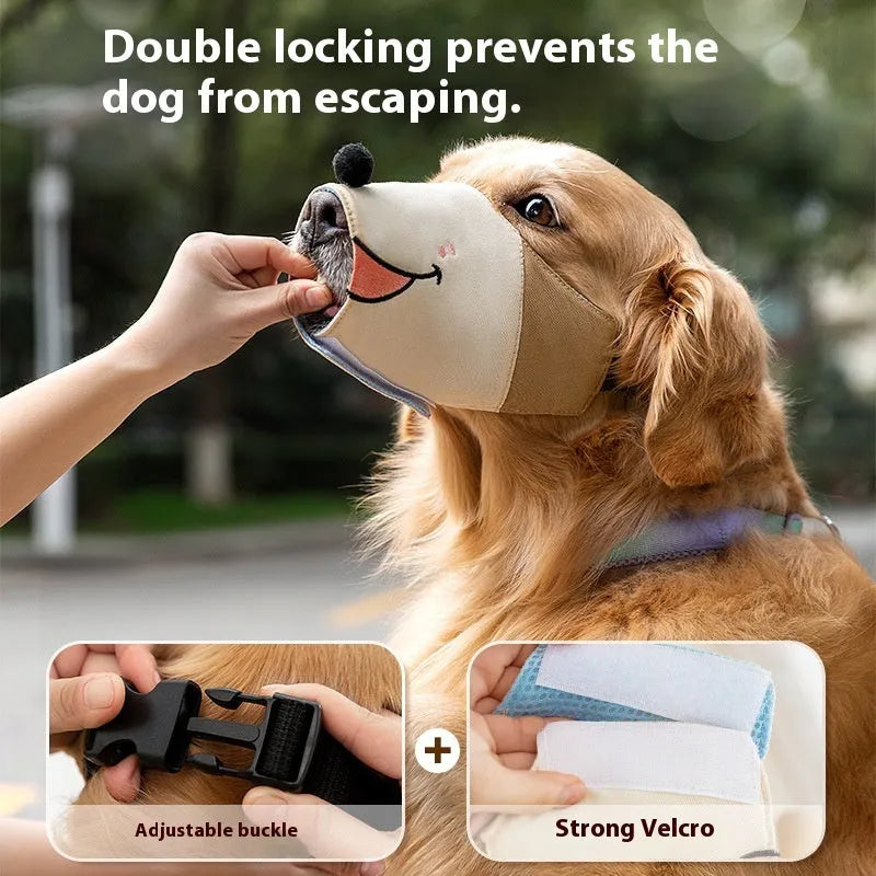 Canvas dog muzzle in Ollie Brown Bear and Bondi Blue Shark designs with sizing guide for dogs 3-50kg