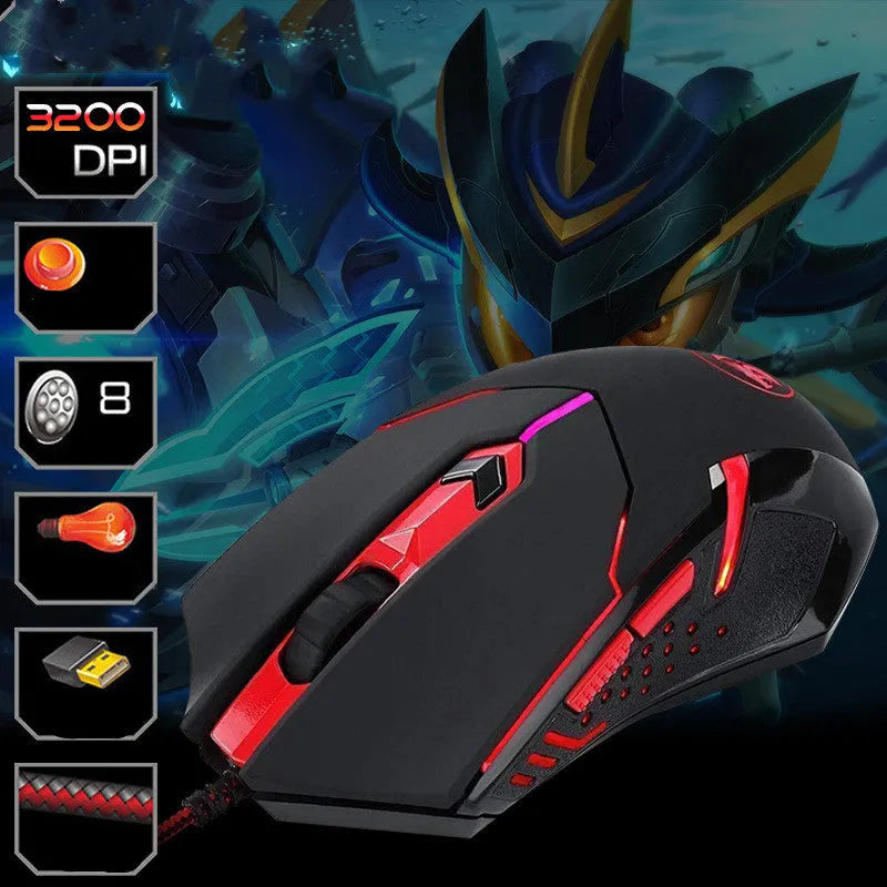 USB wired optical mouse black red with ergonomic design and 6 buttons for desktop computers