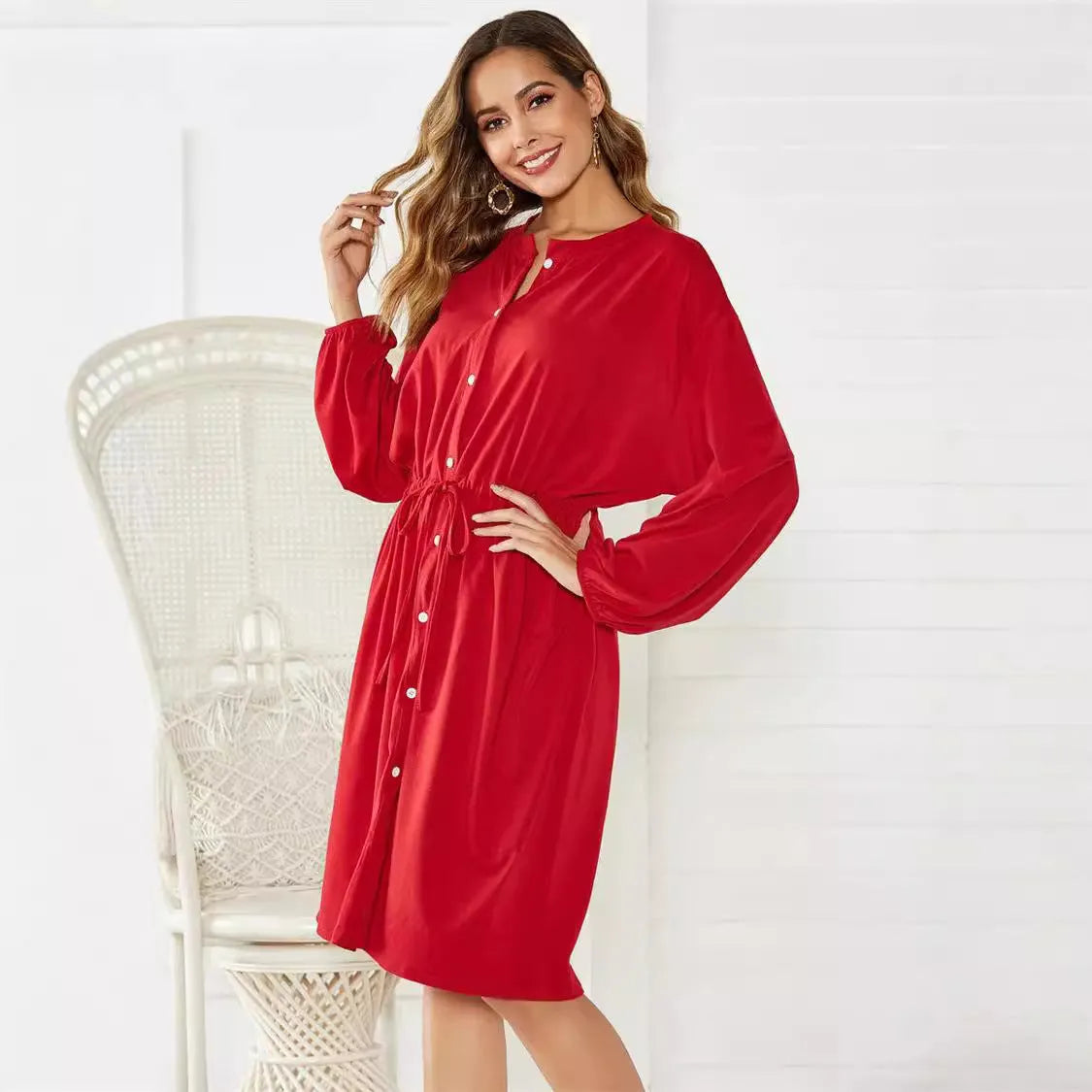 Women's black mid-length dress with elastic waist and belt, A-line skirt, long sleeves