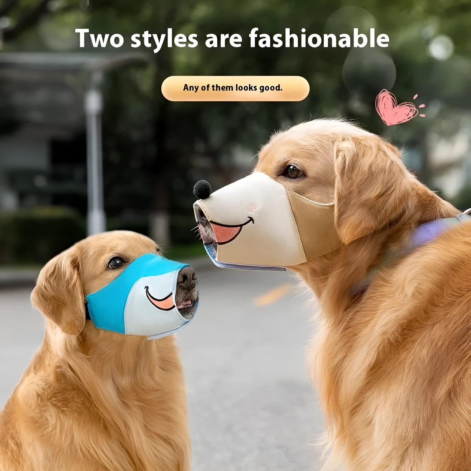 Canvas dog muzzle in Ollie Brown Bear and Bondi Blue Shark designs with sizing guide for dogs 3-50kg