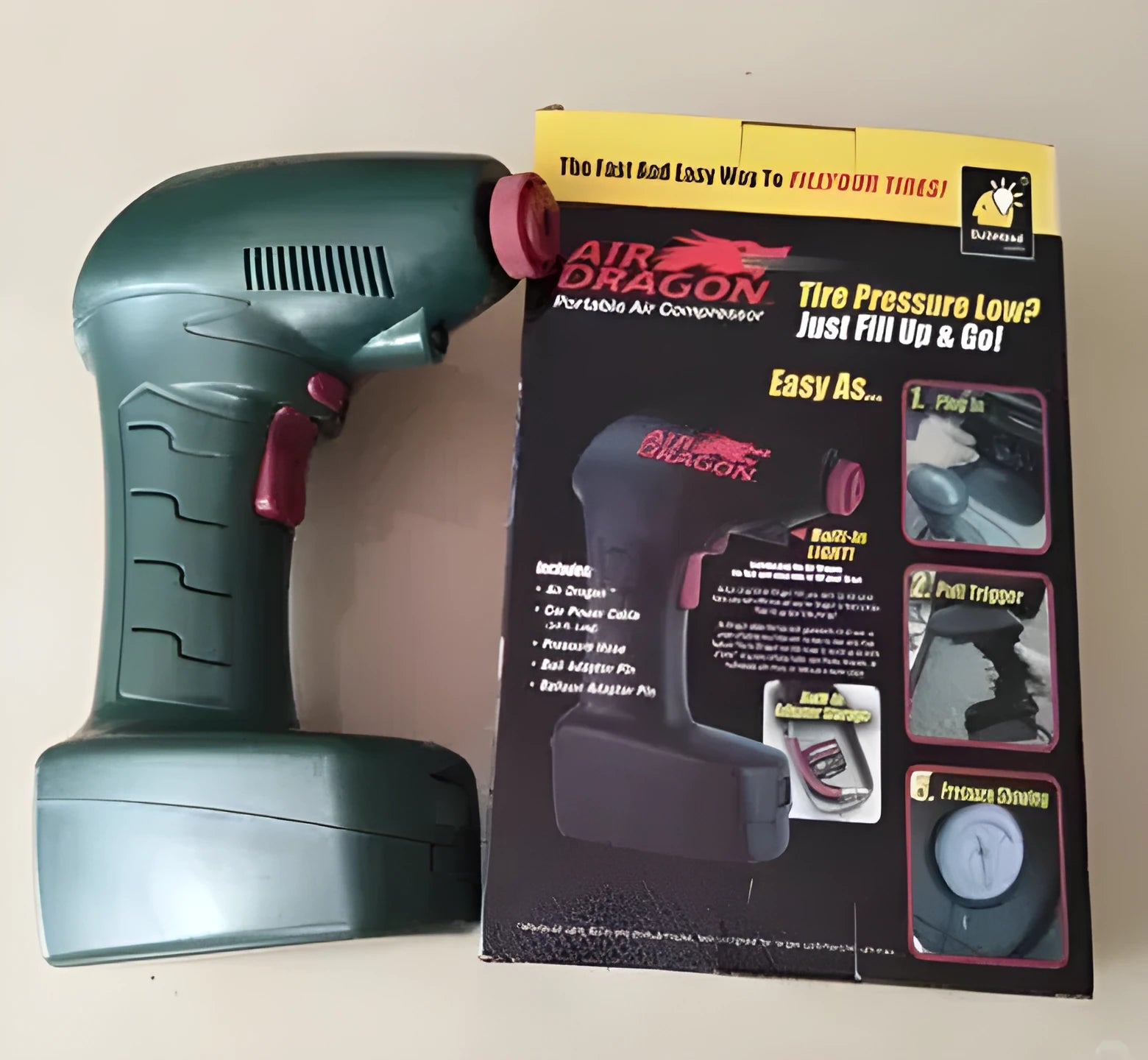 Portable electric car tyre inflator with motor and air pump components for emergency roadside use