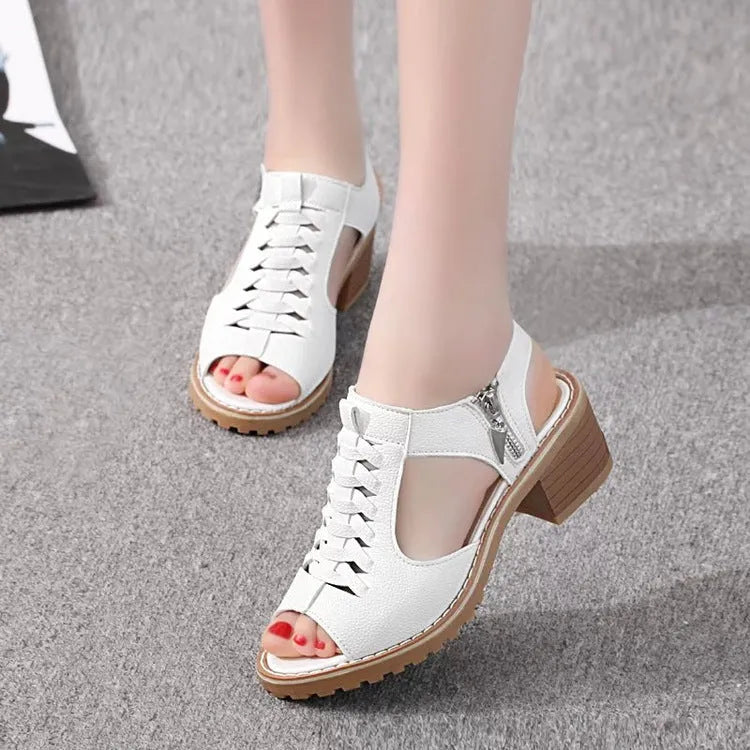Women's retro sandals with side zip, mid heel, and pointed toe in black, white, and creamy white.