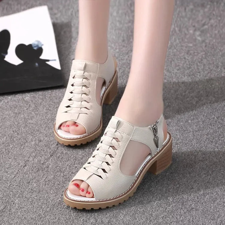 Women's retro sandals with side zip, mid heel, and pointed toe in black, white, and creamy white.