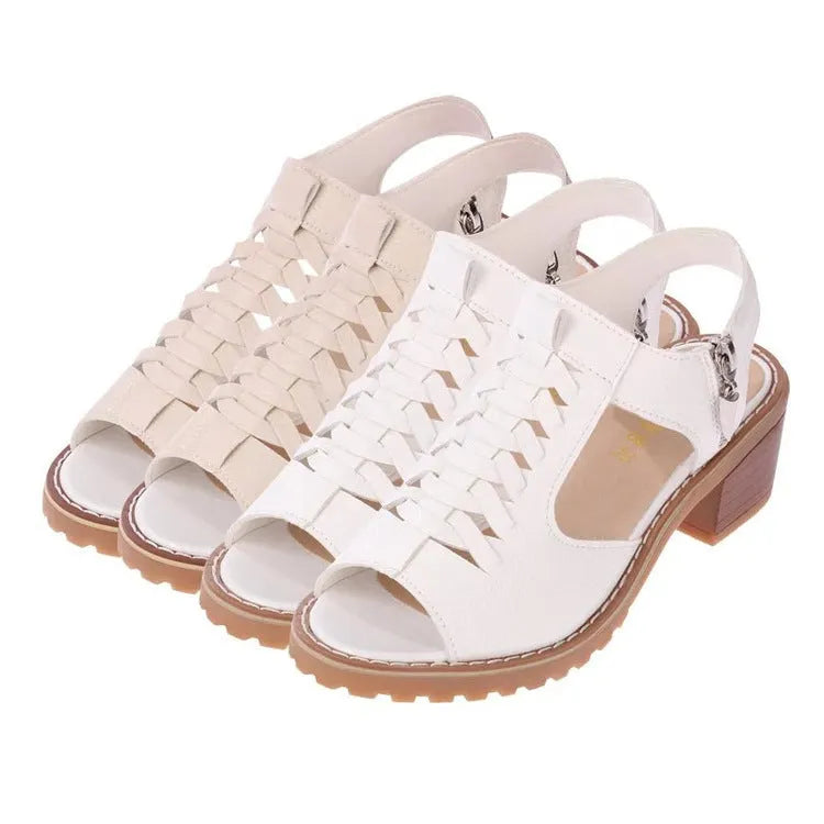 Women's retro sandals with side zip, mid heel, and pointed toe in black, white, and creamy white.