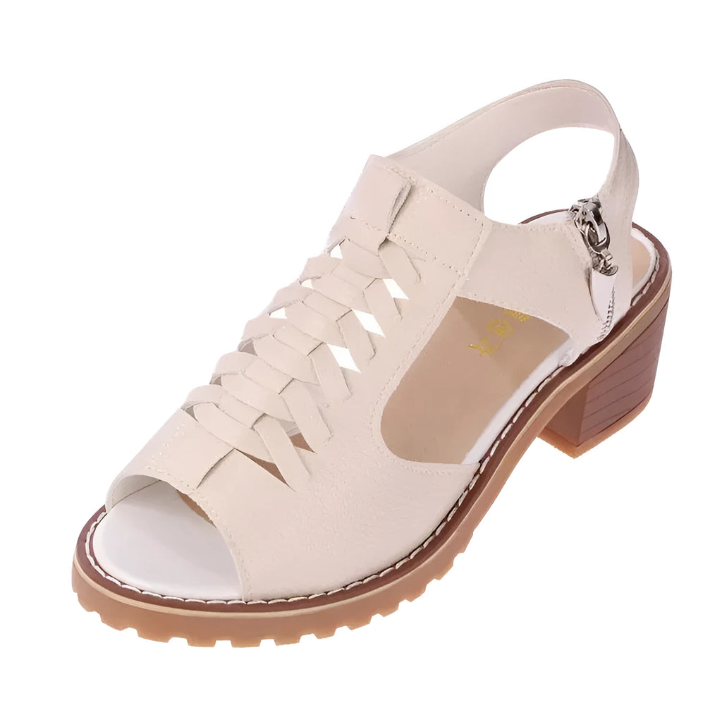 Women's retro sandals with side zip, mid heel, and pointed toe in black, white, and creamy white.