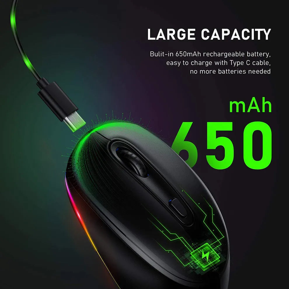 24g wireless rechargeable mouse in multiple colours, shown next to a USB charging cable.