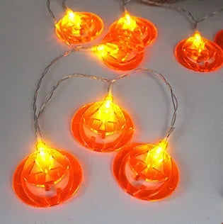 Halloween LED string lights with pumpkin, ghost, bat, and spider pendants measuring 1.2 metres