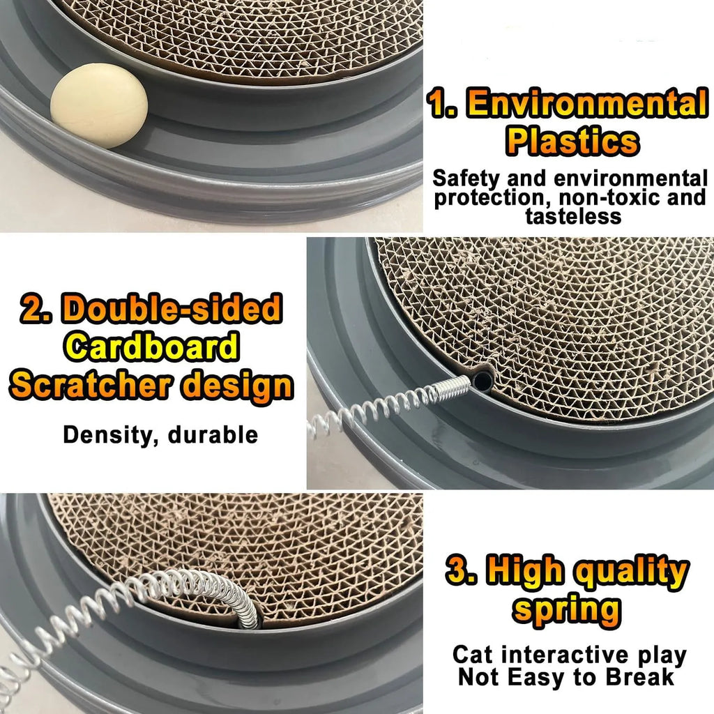 Interactive cat scratcher with ball track and replaceable scratch pad in blue or pink colour