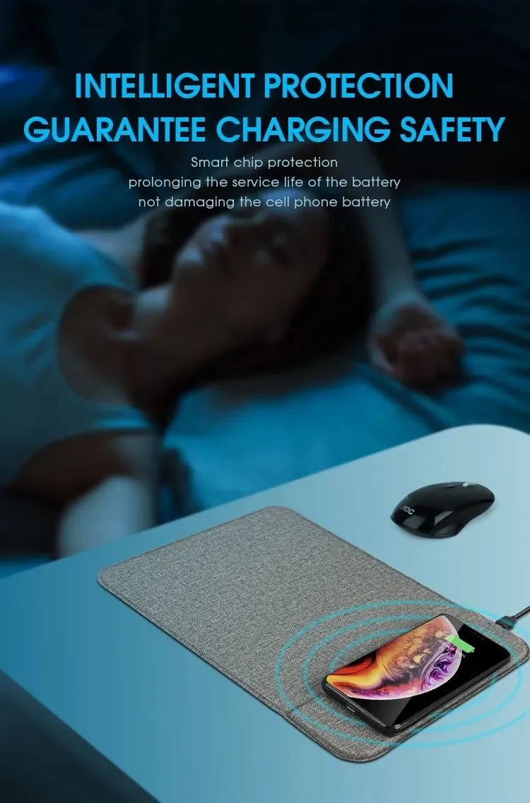 Foldable black and grey fabric wireless phone charger showing both flat and upright positions
