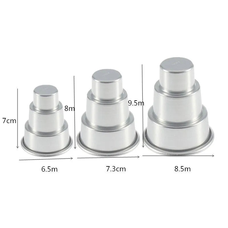 Mini three-layer aluminum alloy cake mold set in silver with large medium and small sizes for fondant cake forming