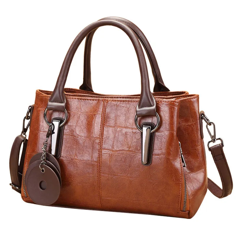 Vintage brown PU leather horizontal square tote bag with single shoulder strap and open pocket