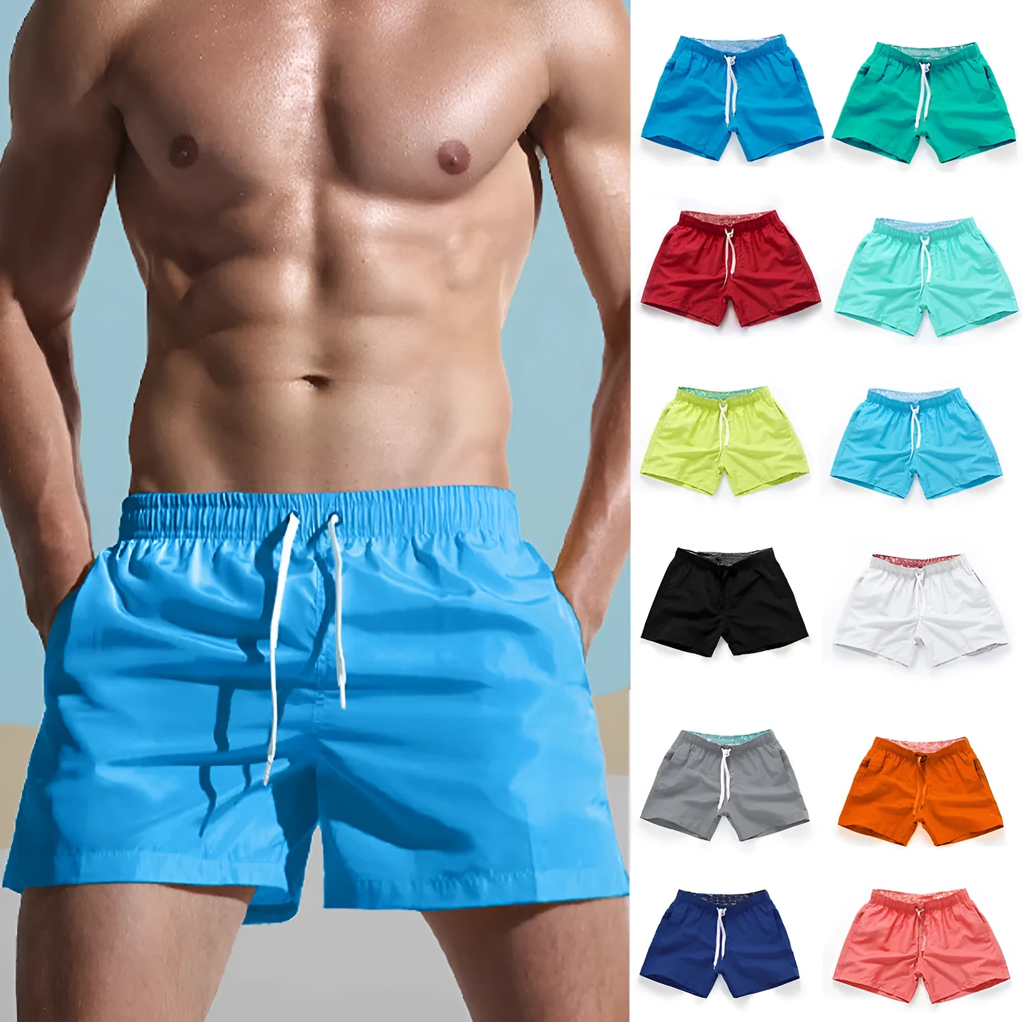 Man wearing soft polyester beach shorts in a straight-leg style, available in multiple colours and plus sizes.