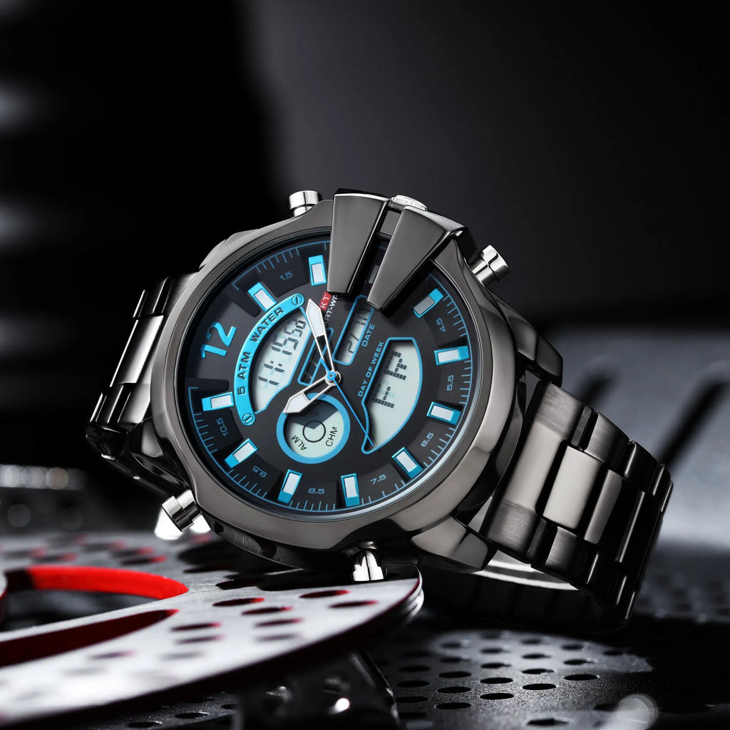 Men's double display LED alarm watch with stainless steel strap and 55mm round alloy case
