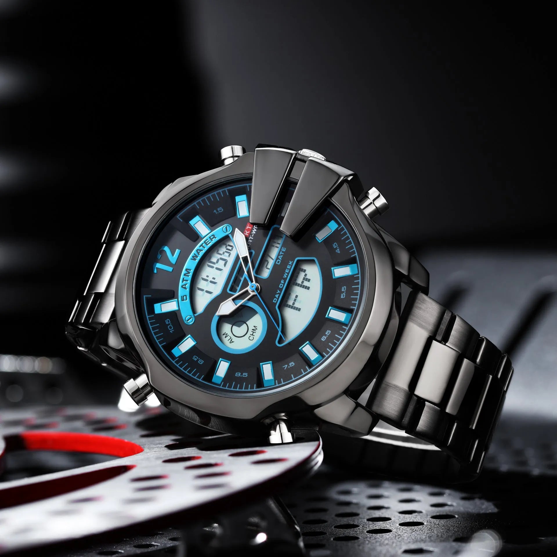 Men's double display LED alarm watch with stainless steel strap and 55mm round alloy case