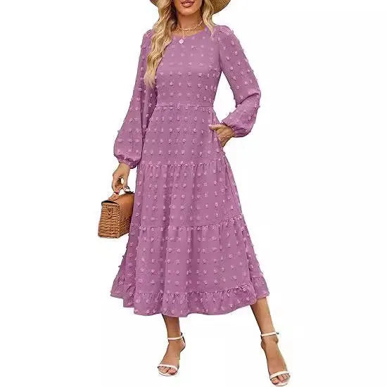 Beige women's long sleeve casual dress with round neck, ruffled sleeves, and a high waist.