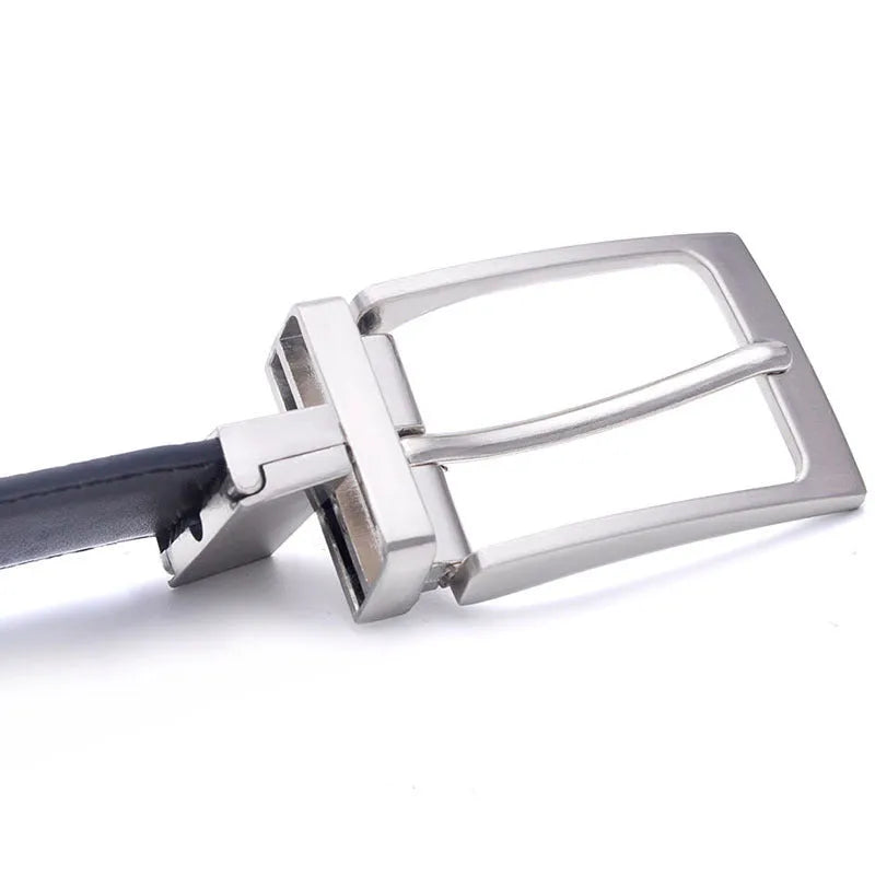 Men's brown black genuine leather belt with a silver alloy rotating pin buckle.