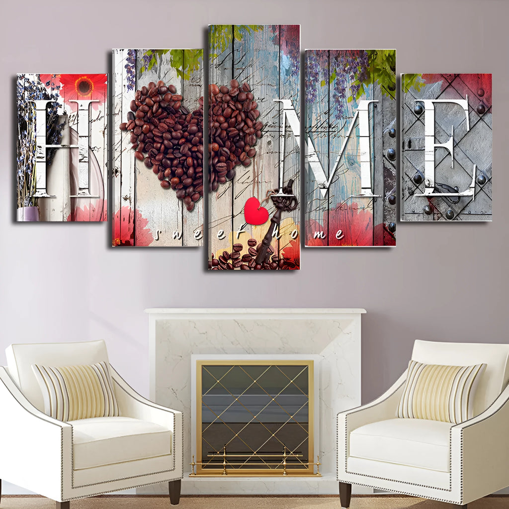 Red oil painting canvas wall art set with five pieces in varying sizes