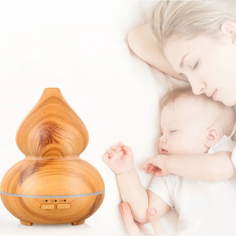 Ultrasonic aromatherapy humidifier 150ml wood grain perfume machine with dark wood finish on table