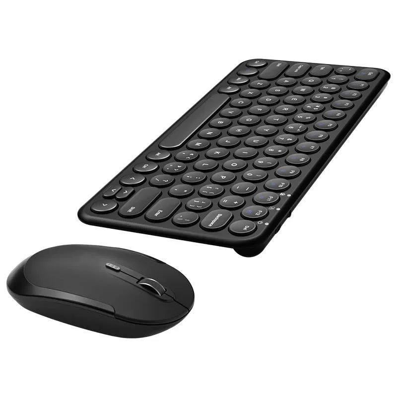 Ultra-thin wireless keyboard and optical mouse set on desk with USB receiver
