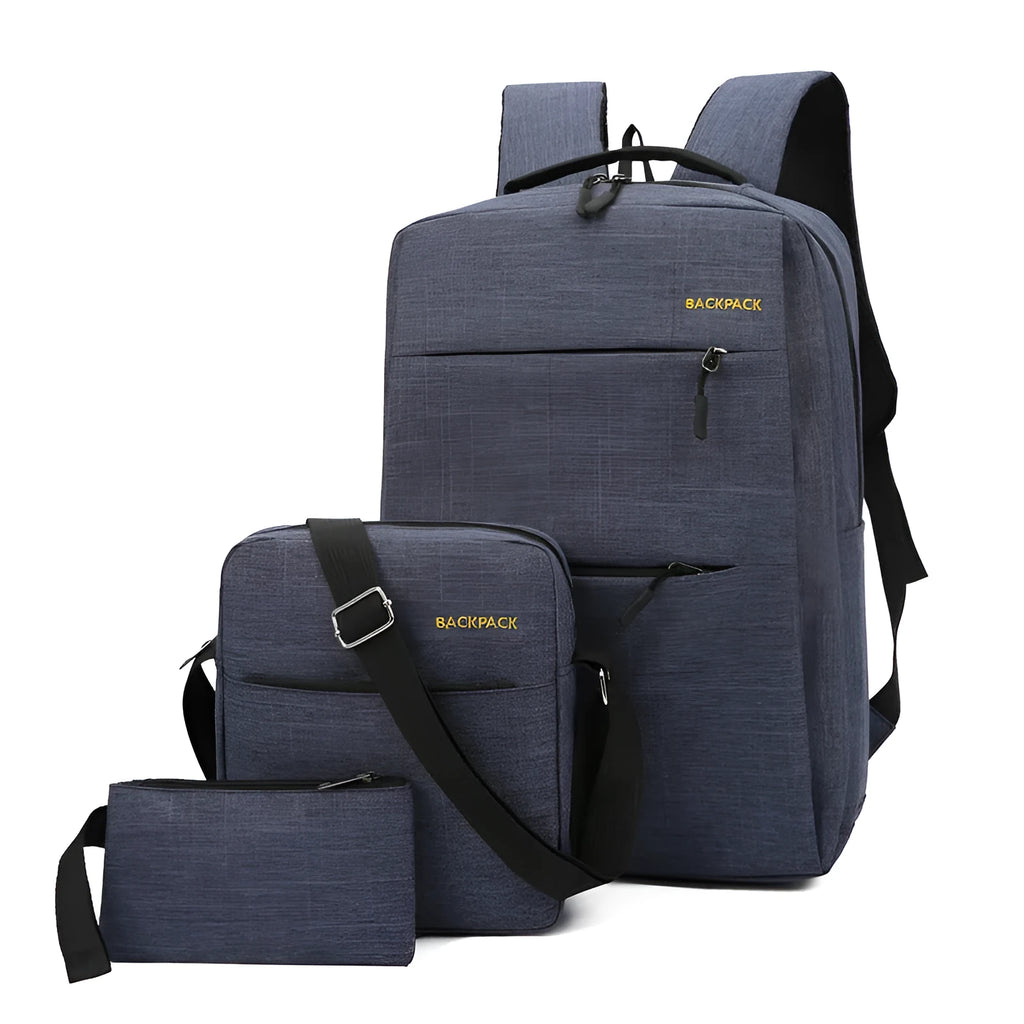 Three men's waterproof nylon laptop backpacks with USB charging ports in black, grey, and wine red colours