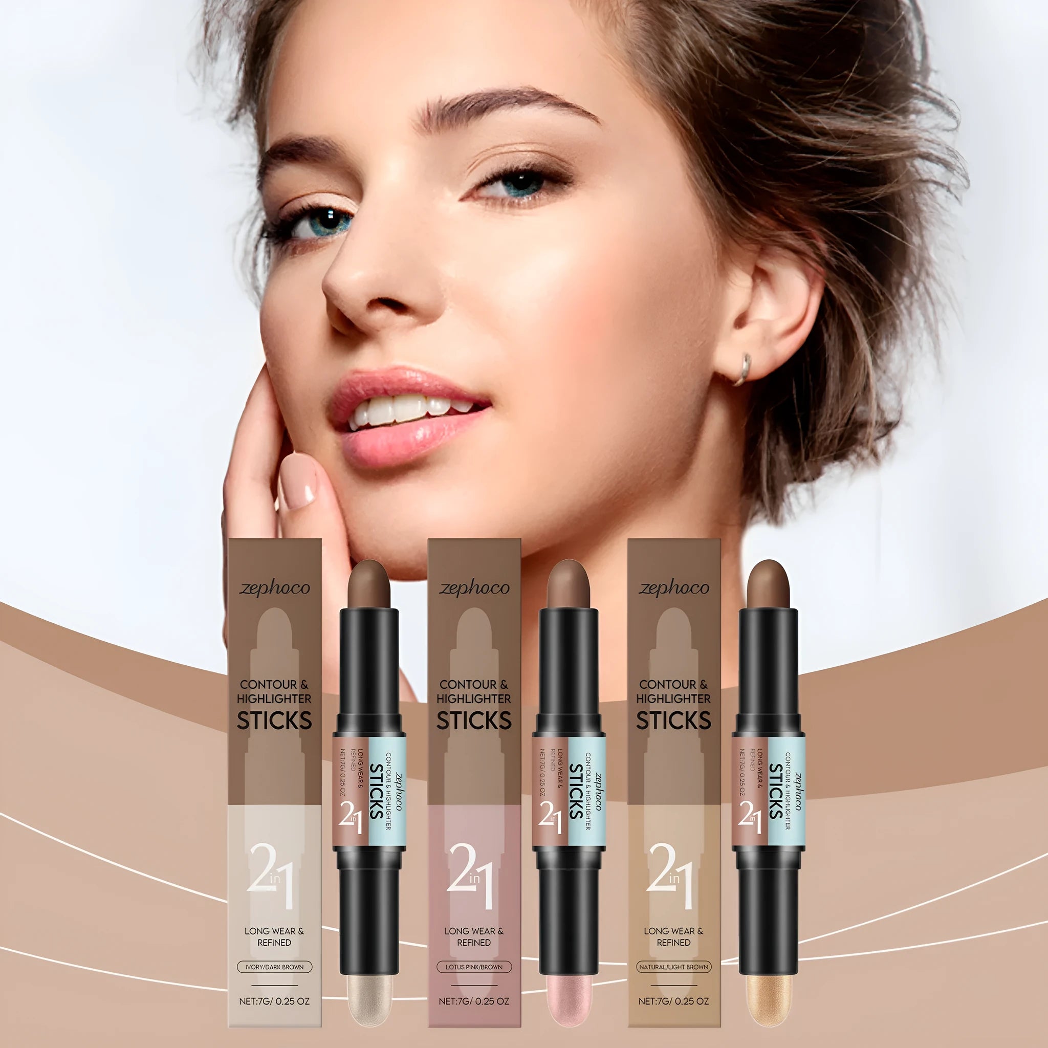 2-in-1 Outline Highlighter pen 7g in three shades natural light brown lotus root pink brown ivory white dark brown