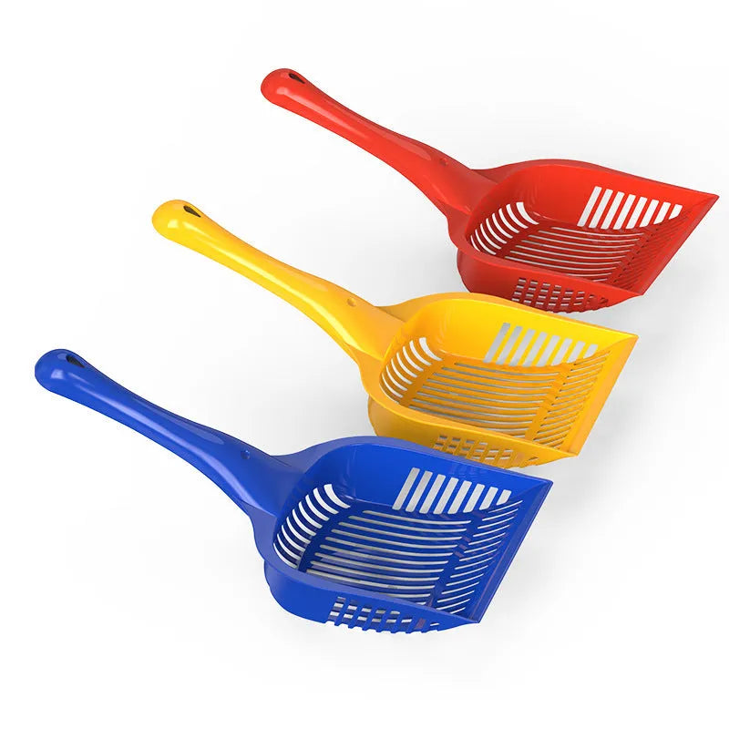 Plastic cat litter scoop in red, yellow or blue colours showing small and medium size options