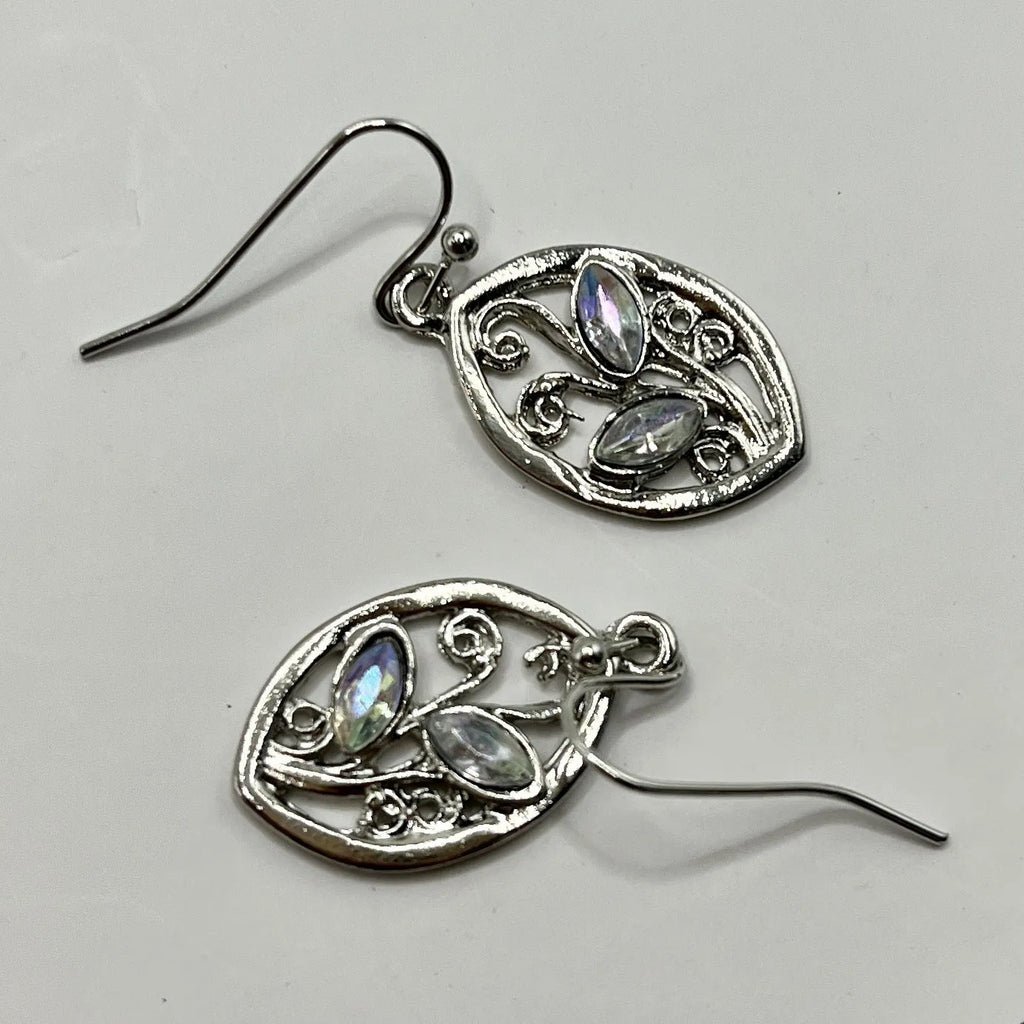 Silver women's earrings with leaf design and colourful embedded moonstones