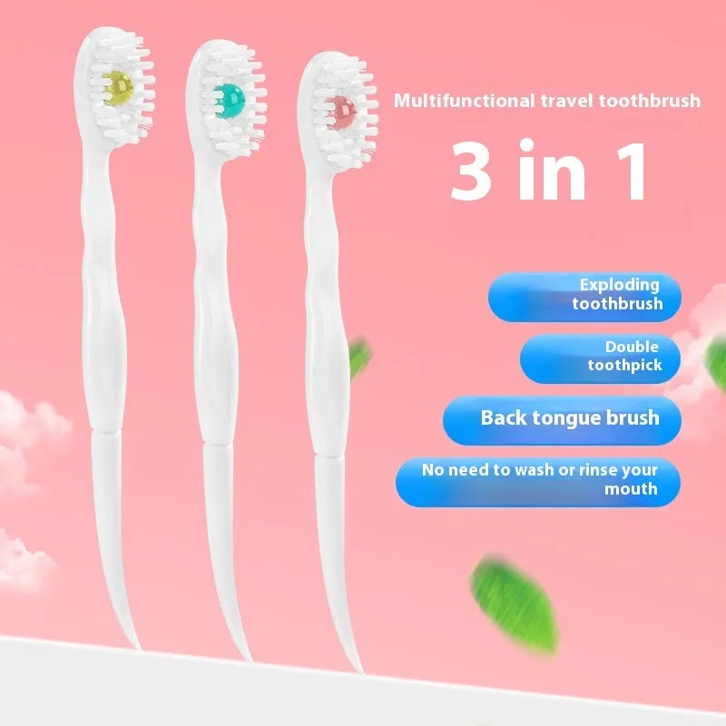 Box of disposable bead toothbrushes showing mint, peach, and plum green tea flavour options.