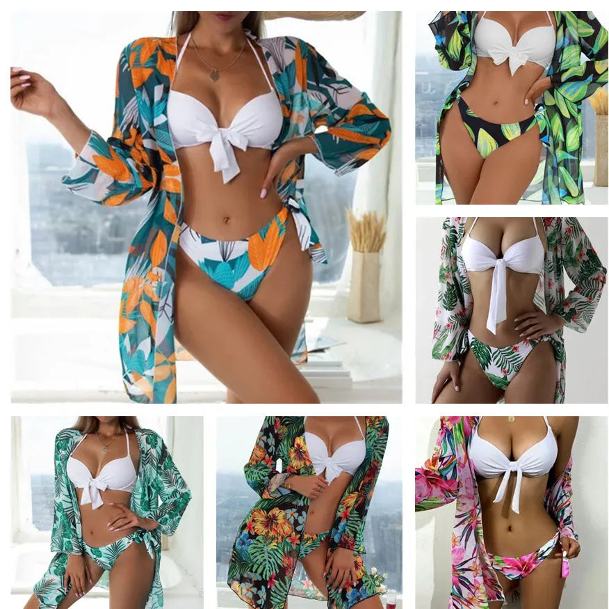 Women's three-piece mesh detail bikini swimsuit set with separate coat in six colour options